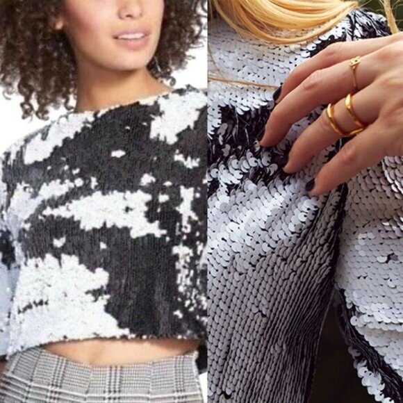 Lucy Paris Crop Top Reversible Sequins Black and White Party Top Size S NWOT - Picture 3 of 13